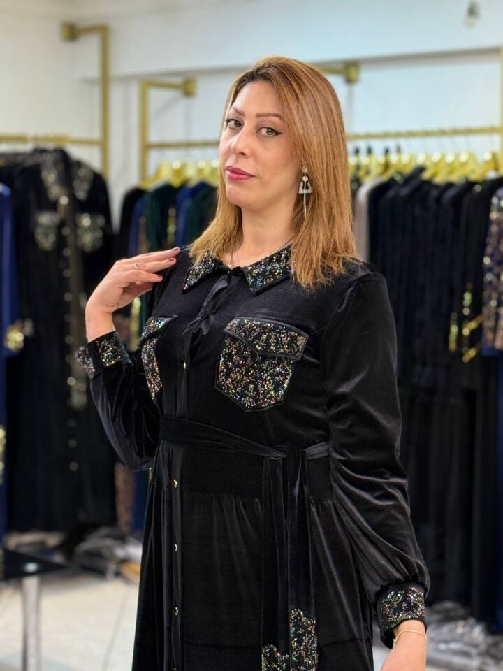 GÖMLEK YAKA KADİFE ELBİSE