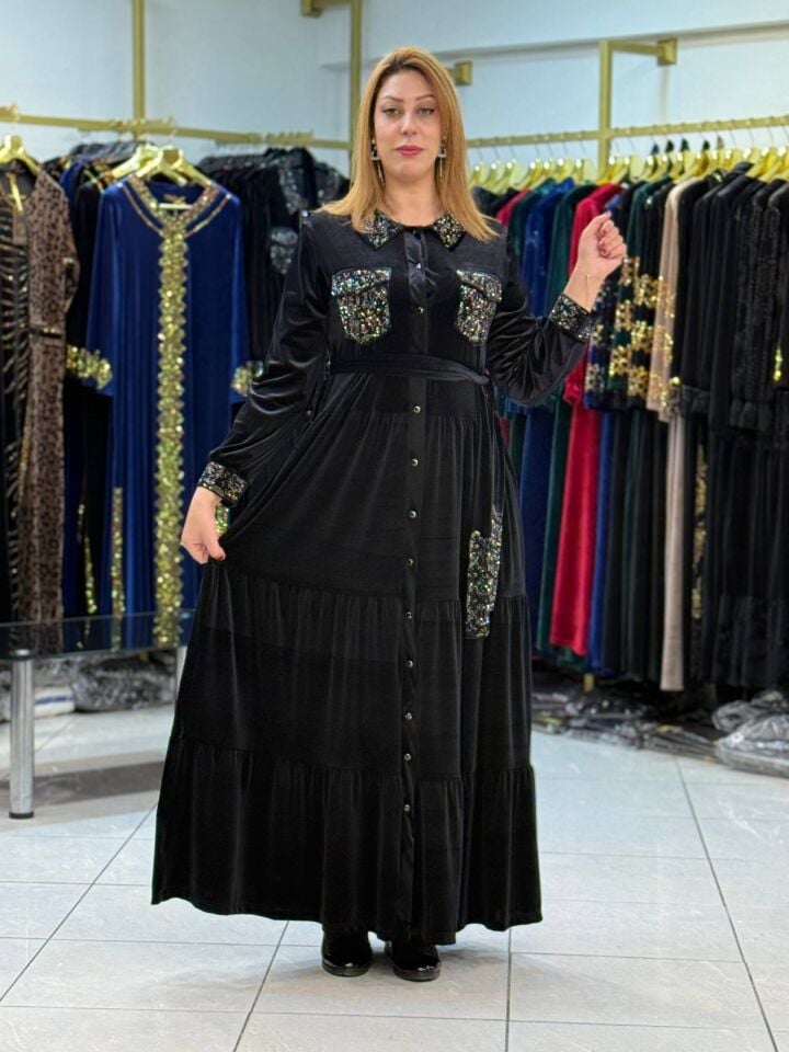 GÖMLEK YAKA KADİFE ELBİSE