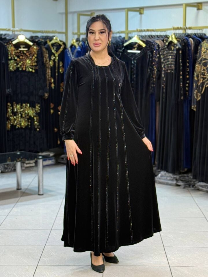 ŞERİT DETAYLI KADİFE ELBİSE