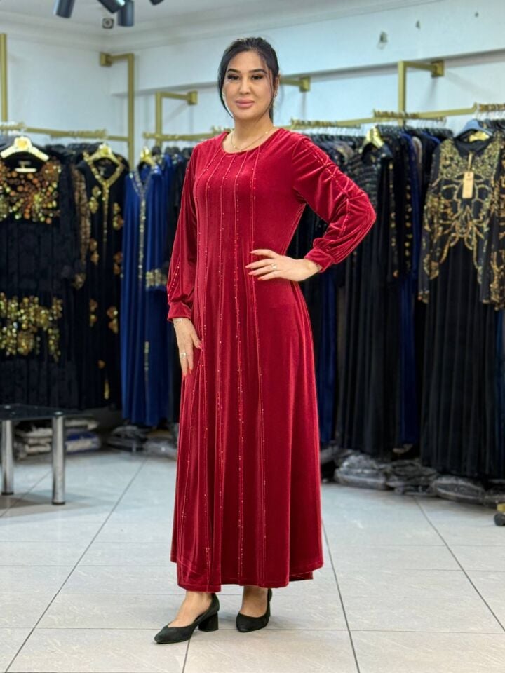 ŞERİT DETAYLI KADİFE ELBİSE