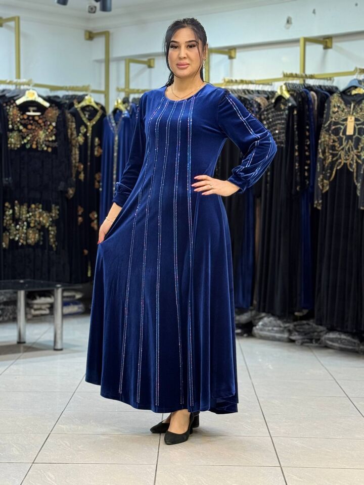 ŞERİT DETAYLI KADİFE ELBİSE