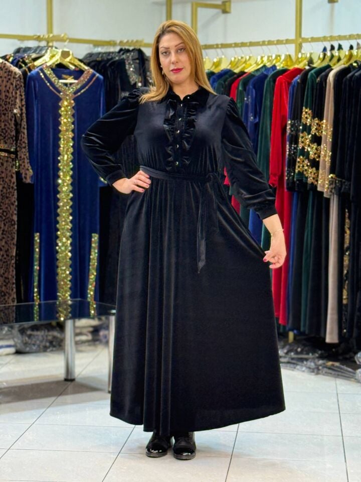 DALGA BİYE DETAYLI KADİFE ELBİSE