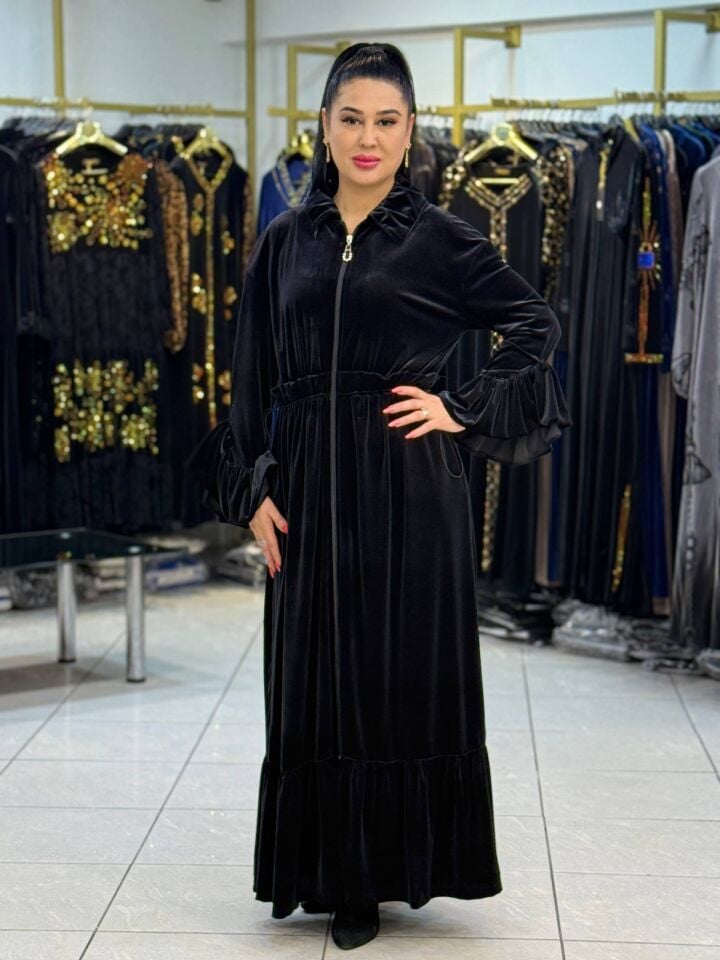 YAKA  DETAYLI KADİFE ELBİSE