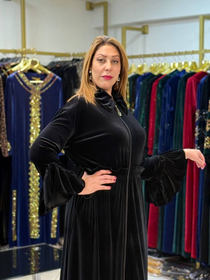 KADİFE FERMUARLI YAKA DETATYLI ELBİSE