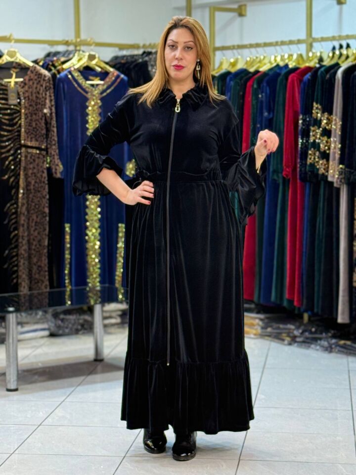 KADİFE FERMUARLI YAKA DETATYLI ELBİSE