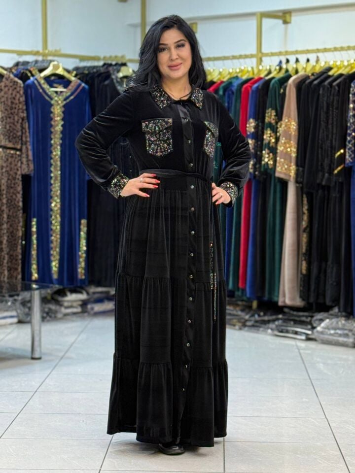 KEMERLİ YAKA DETAYLI KADİFE ELBİSE